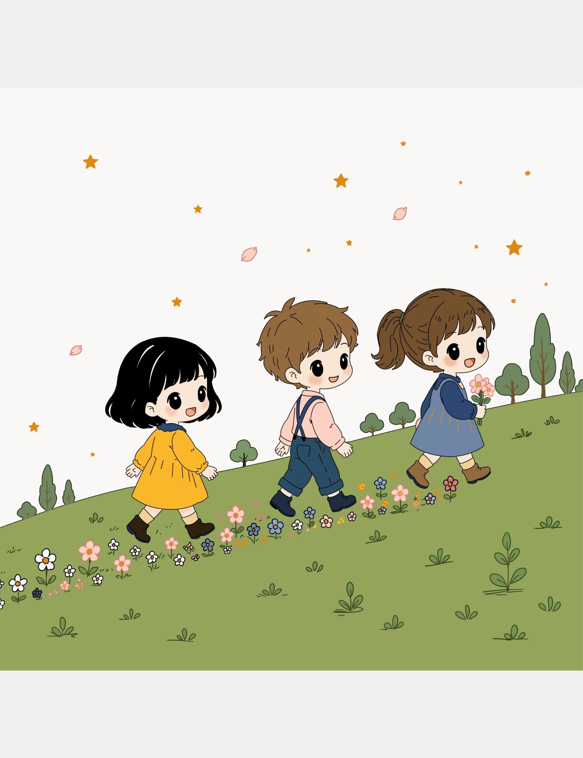 Children’s story illustration by Casey Huang featuring Bella and young children walking through Big Blue as colorful Flower Trails bloom softly behind their steps.