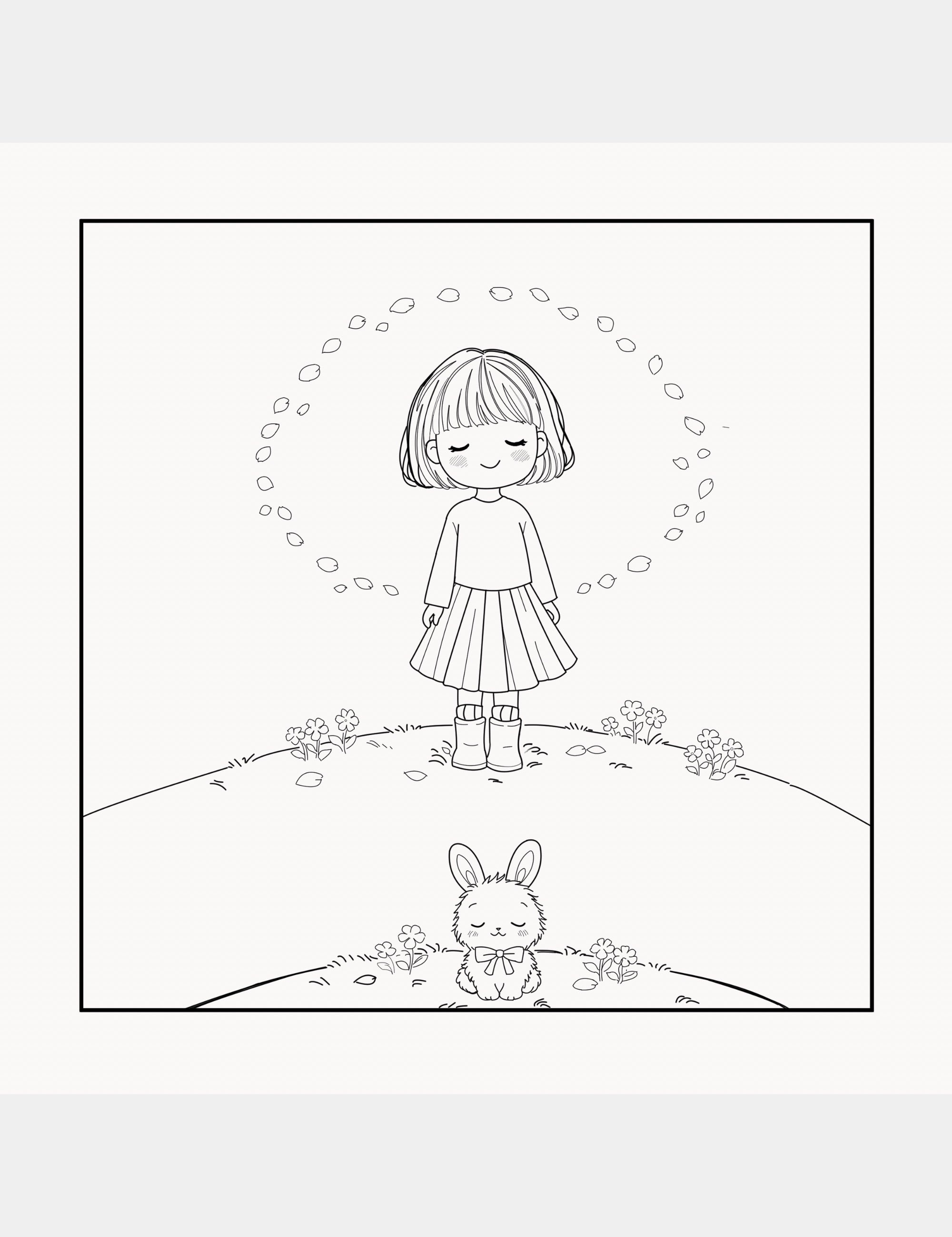 A calming children’s coloring page showing Bella and Bun surrounded by floating petals and small flowers in a peaceful mindfulness-inspired scene designed for quiet creativity and emotional comfort.