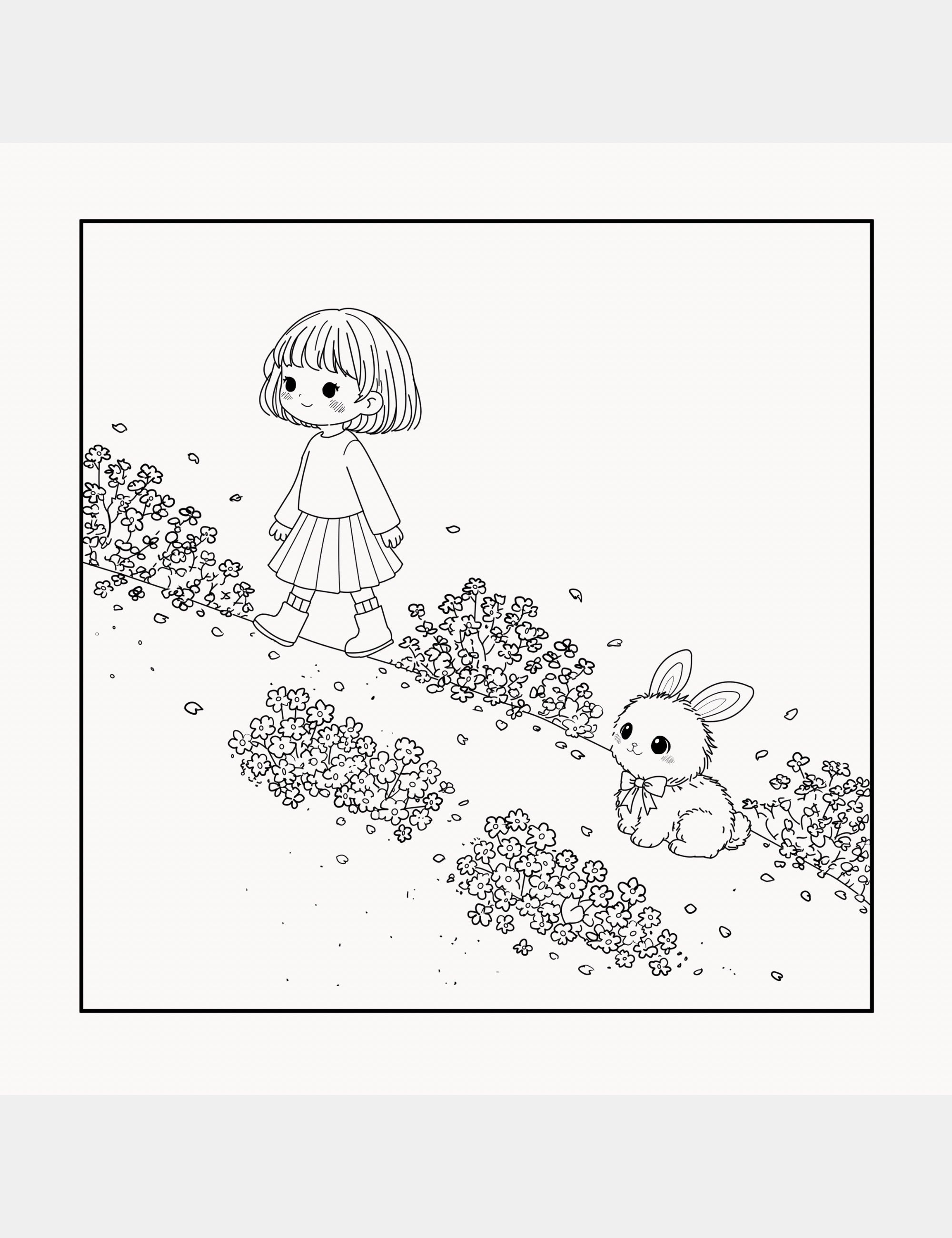 A calming children’s coloring page showing Bella walking through blooming flowers with Bun the bunny in a peaceful spring-inspired outdoor scene designed for relaxing creative play and quiet screen-free activities.